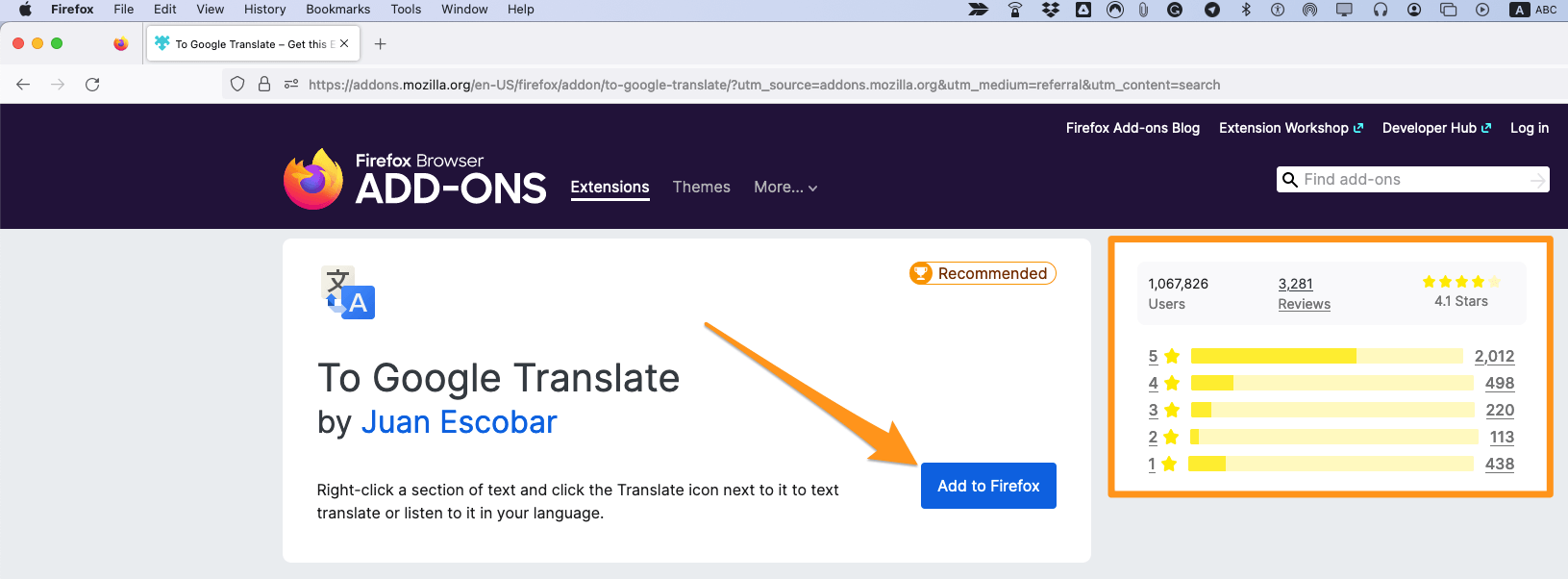 Google Translate addon for Firefox1