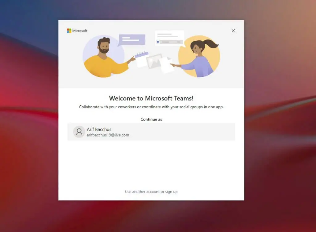 تسجيل الدخول إلى حساب Microsoft Teams الشخصي