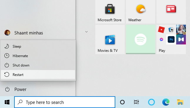 أعد تشغيل Windows 10 من قائمة البداية
